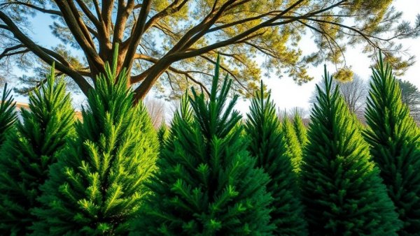Lush Christmas trees in Tampa outdoor market under natural light.
