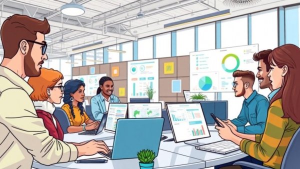 Cartoon of HR payroll program in modern office.