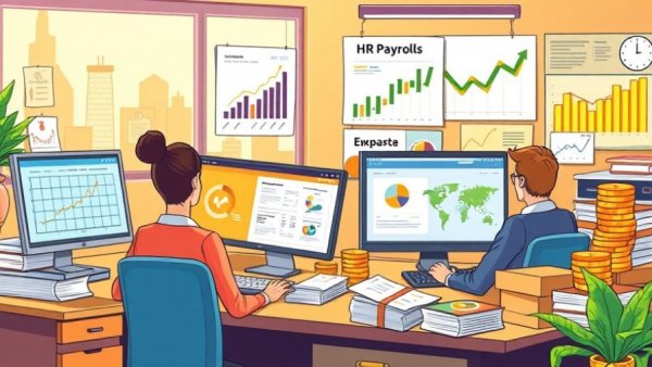 Colorful cartoon of office using HR payroll program.