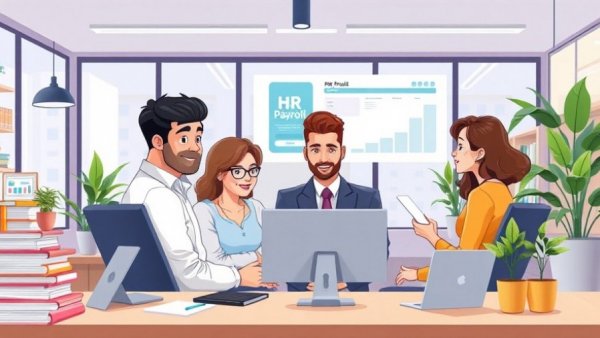 Illustration of HR payroll program in a modern office setting.
