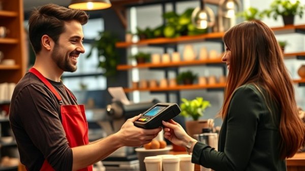 Barista presenting payment terminal to customer in lush café environment.
