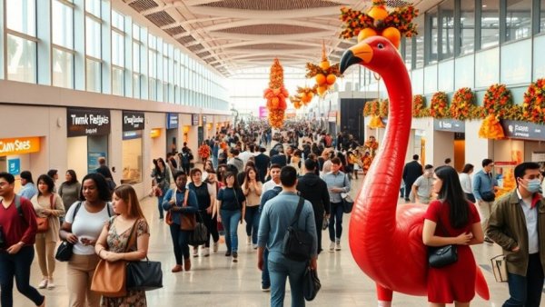 Tampa International Airport Thanksgiving travel scene with flamingo.