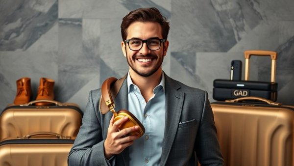 Premium travel products held by a confident smiling man