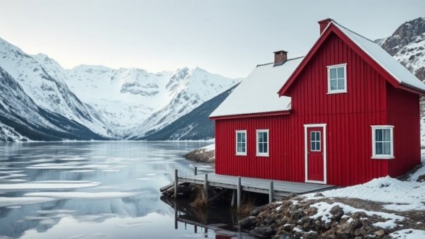 Quiet Iceland escape with a red house by snowy mountains.