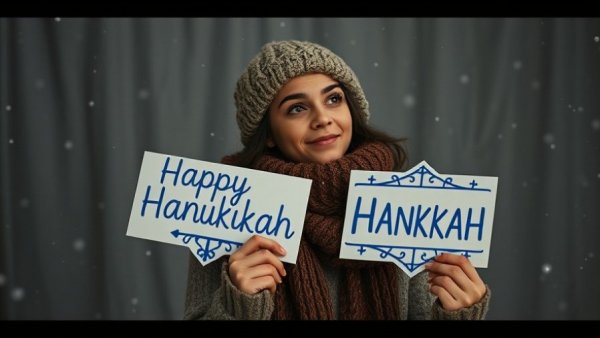 Heartfelt Hanukkah Messages with festive signs in cozy winter scene.