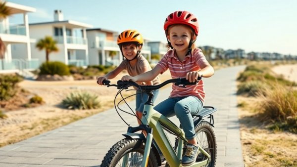 Kids riding e-bike with helmets on beach path, emphasizing e-bike safety for kids.