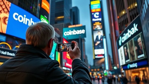 Person photographing Coinbase billboard in Times Square with Nasdaq sign in background.