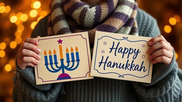 Hanukkah messages and greetings on festive signs.