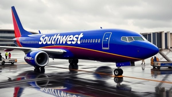 Southwest Airlines plane at airport, promoting free checked bag policy.