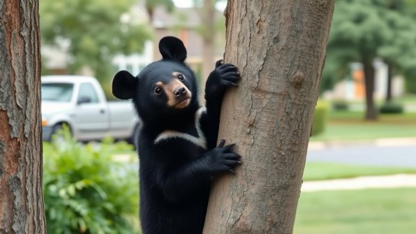 Black bear standing by a tree in a Florida suburban area.