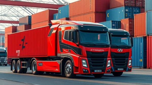 Modern hydrogen-powered trucks in a busy container yard.