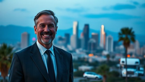 Professional man smiling confidently in front of Los Angeles skyline for Coldwell Banker Envision.