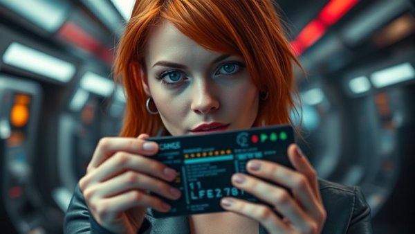 Leeloo Multi Pass auction scene with vibrant red-haired woman.