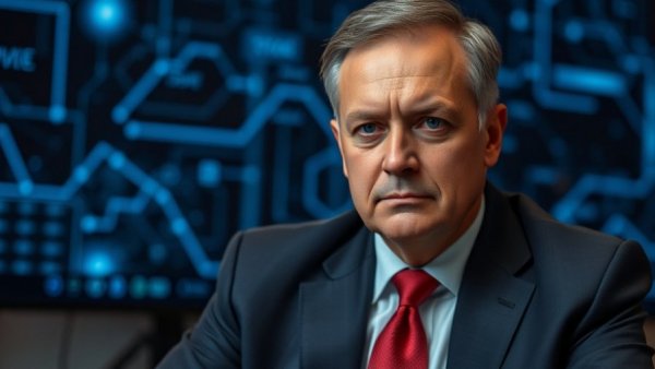 Futuristic AI discussion featuring a man in a suit with digital backdrop.