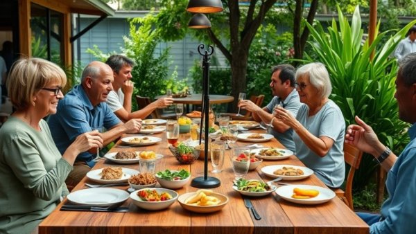 Outdoor dining with compostable products on a wooden table.