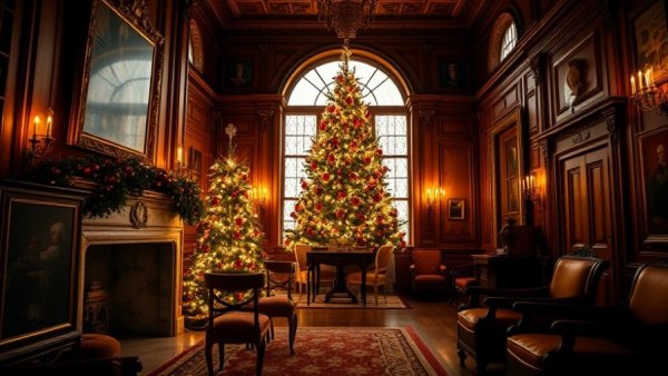 Historic house museums holiday season Northeast, elegant festive interior with Christmas tree.