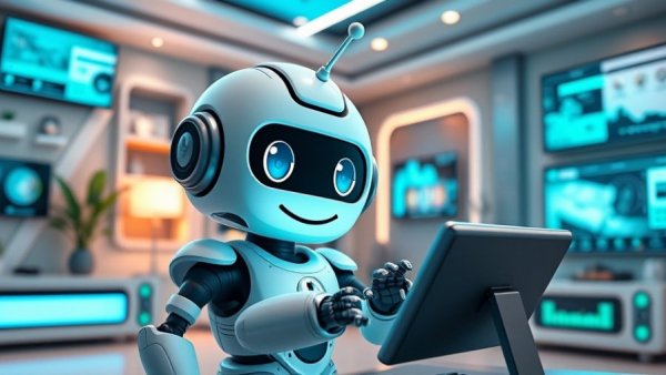 Smart home hub light switch with a cute robotic character interacting.