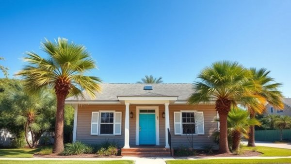 St. Pete Beach historic home with palm trees and blue sky, relocated.