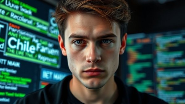 Serious young man discussing AI content creation with digital background.