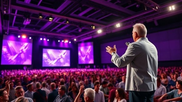 Motivational speaker engaging large audience in vibrant conference.