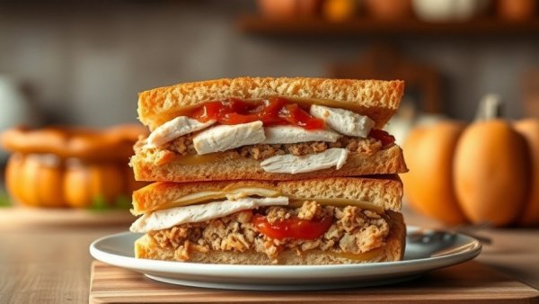 Delicious Thanksgiving leftover sandwich with turkey and cranberry sauce.