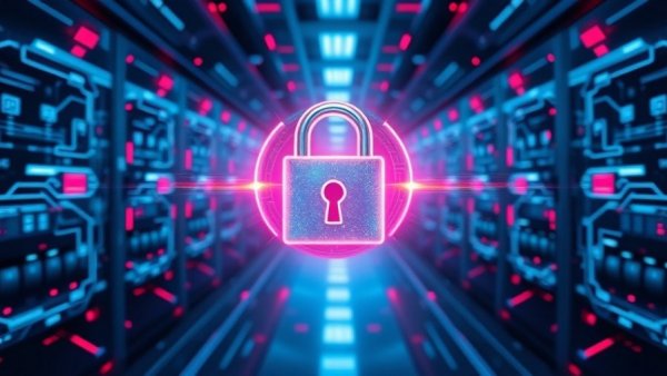 Holographic AI security risks display with warning symbols in server room.