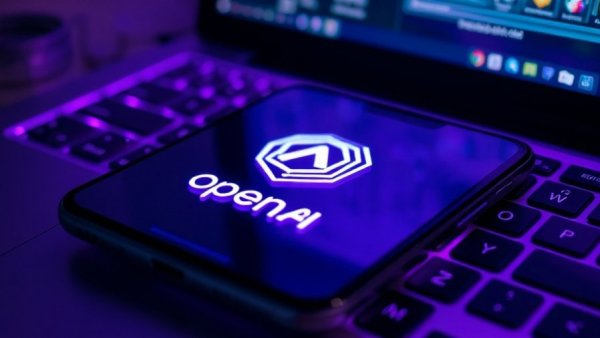 OpenAI logo on smartphone screen with purple lighting, symbolizing ChatGPT mental health responsibility.