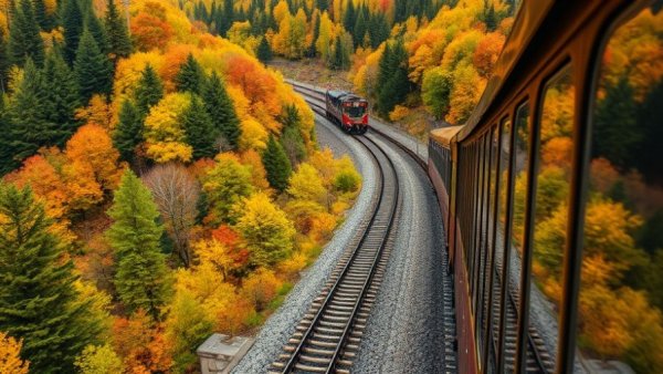 Scenic train travel in America through forested landscape.