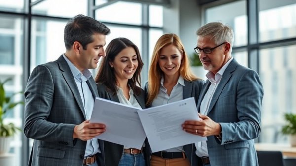 Professionals discussing client satisfaction surveys in modern office.