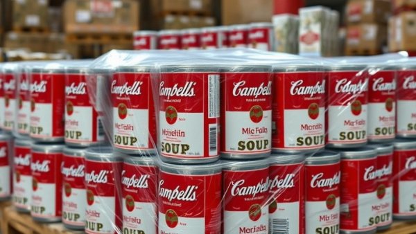 Campbell's Executive Disparaging Remarks: stacked cans in warehouse.