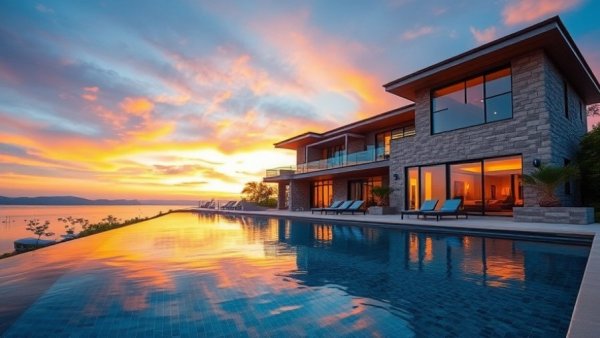 Luxury Real Estate Trends 2026: Modern villa with pool at sunset.