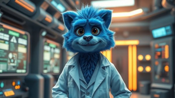 Blue furry humanoid in lab coat in futuristic tech lab.