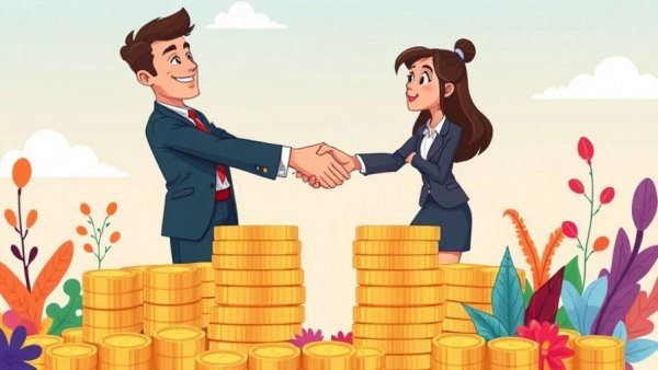 Cartoon investors shaking hands on coin stacks, hold forever investors theme.