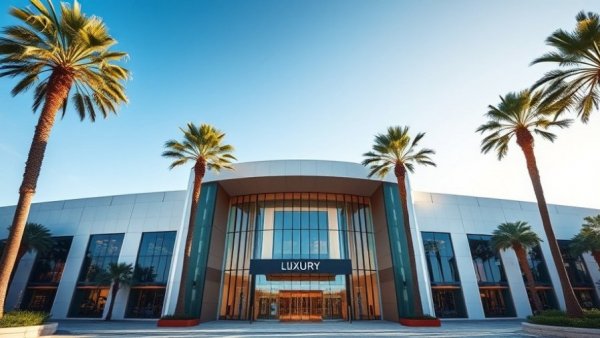 Modern Saks Fifth Avenue store entrance with palm trees, ideal setting for Amex Platinum Saks Credit Black Friday shopping.