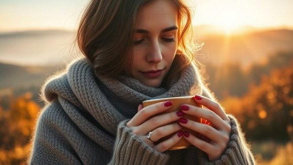 Cozy woman enjoying winter self-care with hot tea outdoors in sunlight.