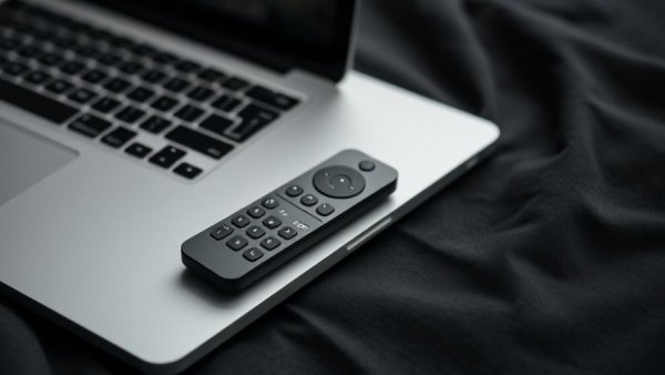 Minimalistic remote on laptop keyboard, sleek design, soft lighting.