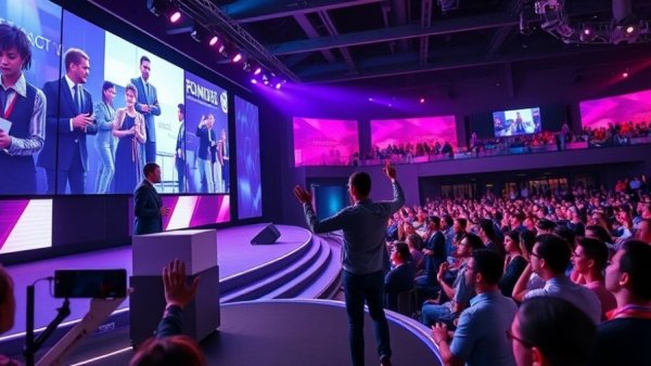 Energetic speaker engaging both live and virtual audiences, highlighting coaching's impact.