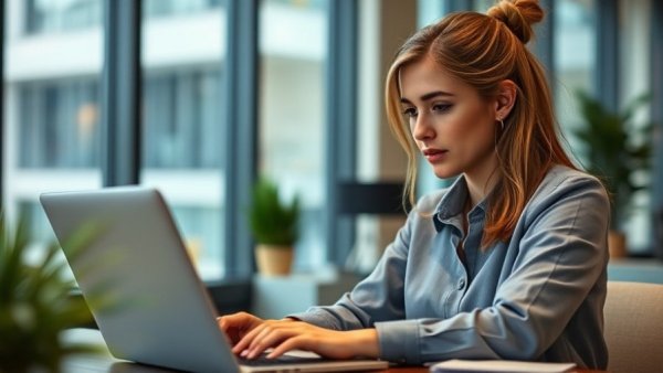 Bookkeeping practices: woman working on financial data entry in an office.