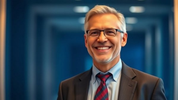 Confident mature man in business attire, remote work in healthcare.