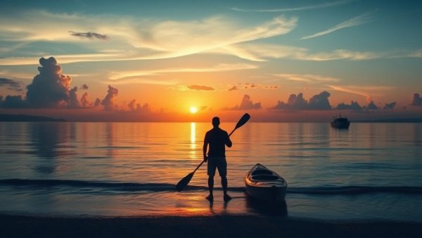 Serene sunset scene with kayaks on shore reflecting Sámi culture eight seasons.