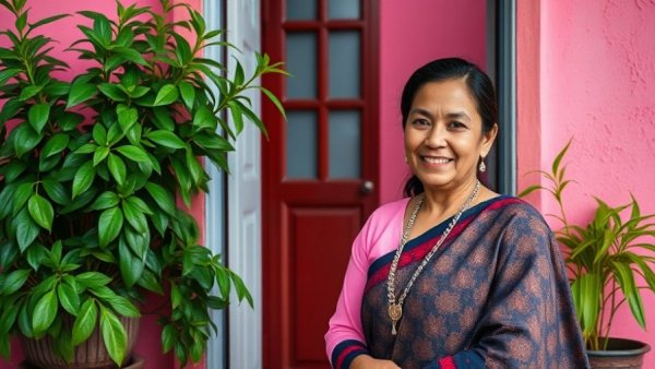 Woman in traditional attire at a colorful Nepal homestay entrance.