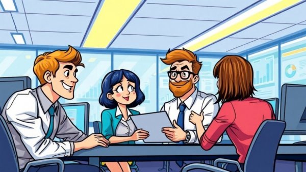 Illustration of professionals discussing referral programs in a modern office.