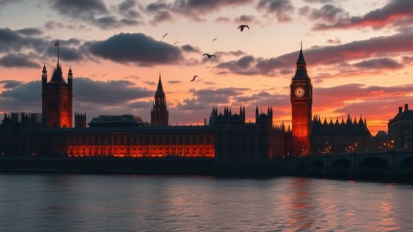 Dusk view of Big Ben and Parliament reflected in the river, cinematic.