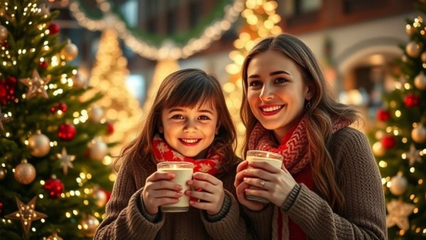Joyful mother and child holiday shopping under festive lights.