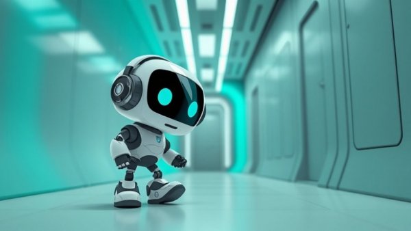 Cartoon robot in futuristic corridor, Samsung Movingstyle Mobile Monitor concept.