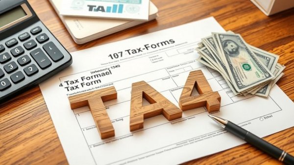 Tax preparation scene with form, calculator, pen, and money.