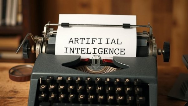 Vintage typewriter with 'ARTIFICIAL INTELLIGENCE' paper highlighting AI cannot be listed as inventor.