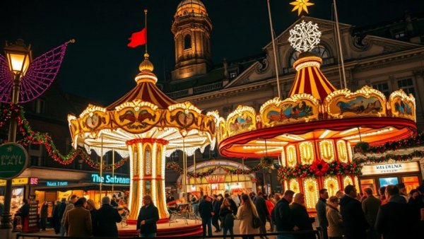 Festive Christmas market in the UK with a carousel at night.