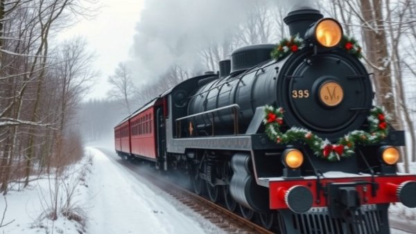 Holiday train ride through snowy landscape with steam engine.