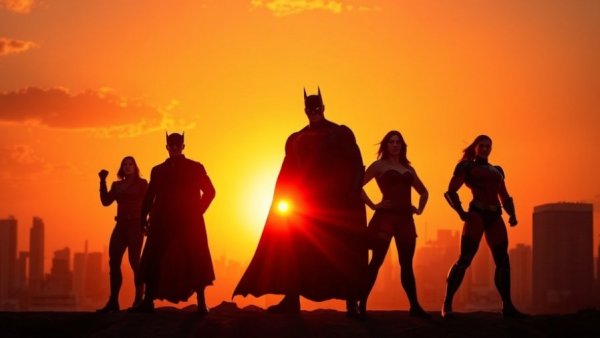 Superheroes at sunset with a city skyline, representing Dyslexic Thinking Economic Growth.